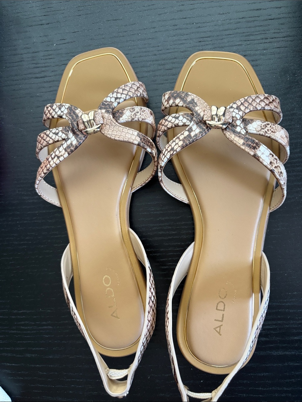 ALDO Snake-Print Slingback Sandals in Brown and Cream with Gold Accent